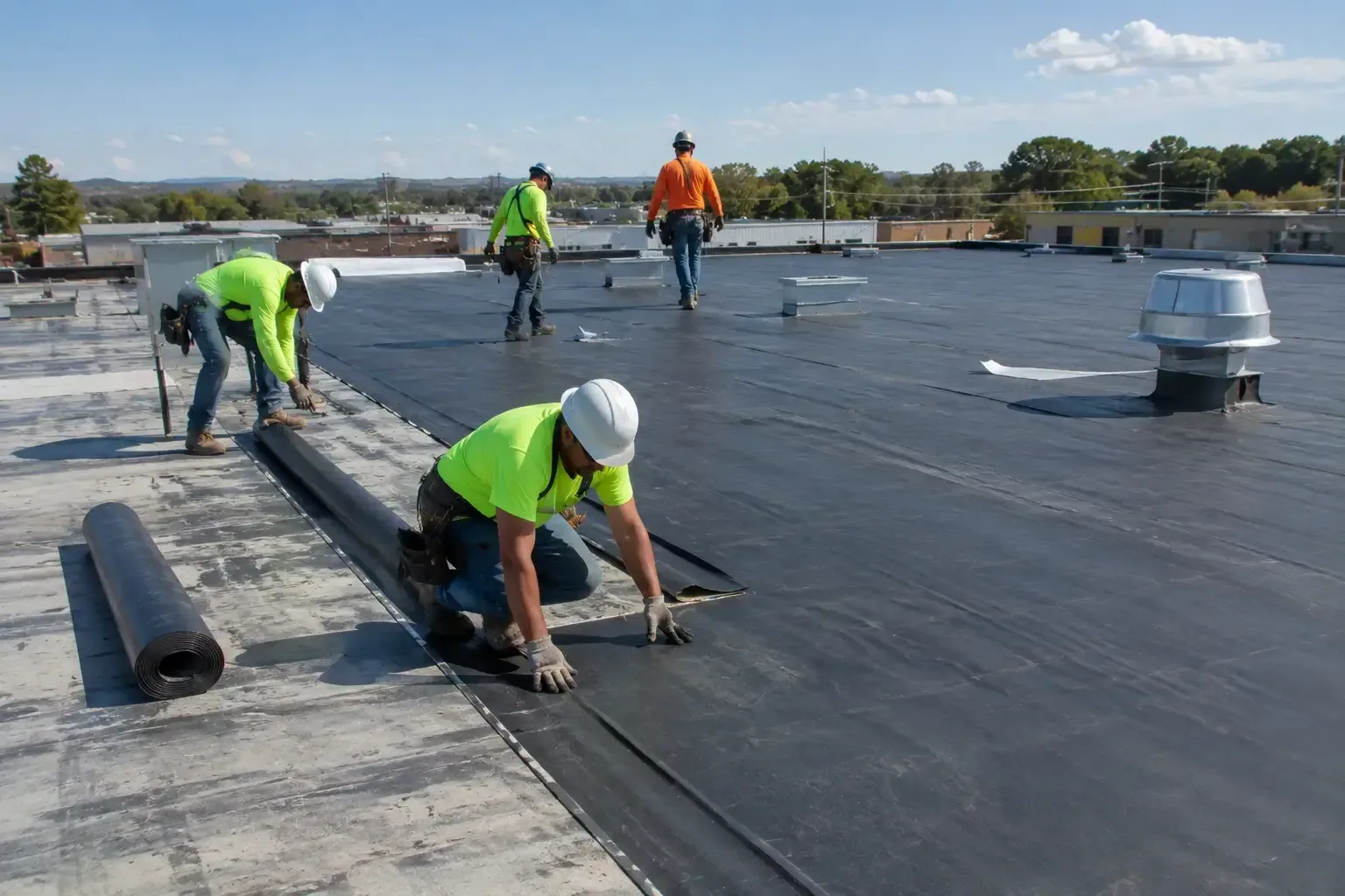 Crew installing a single-ply membrane