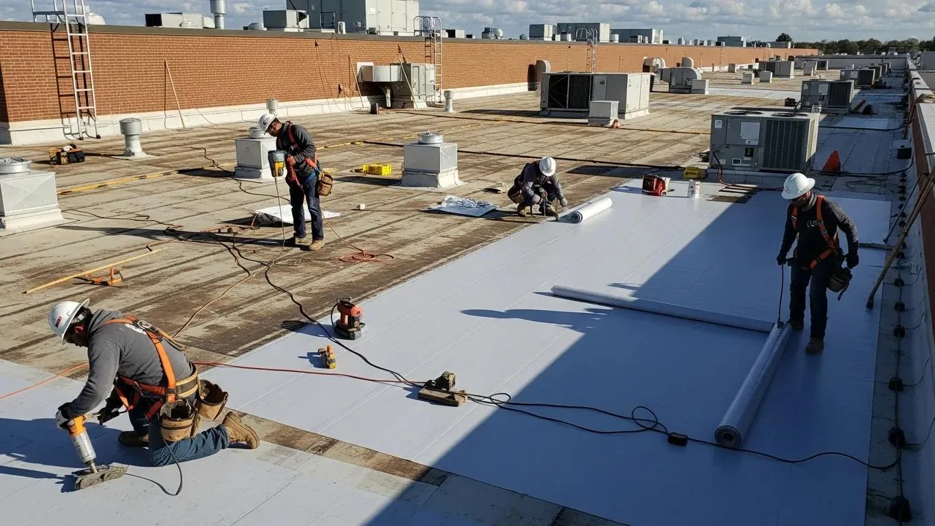 Commercial roof repair crew